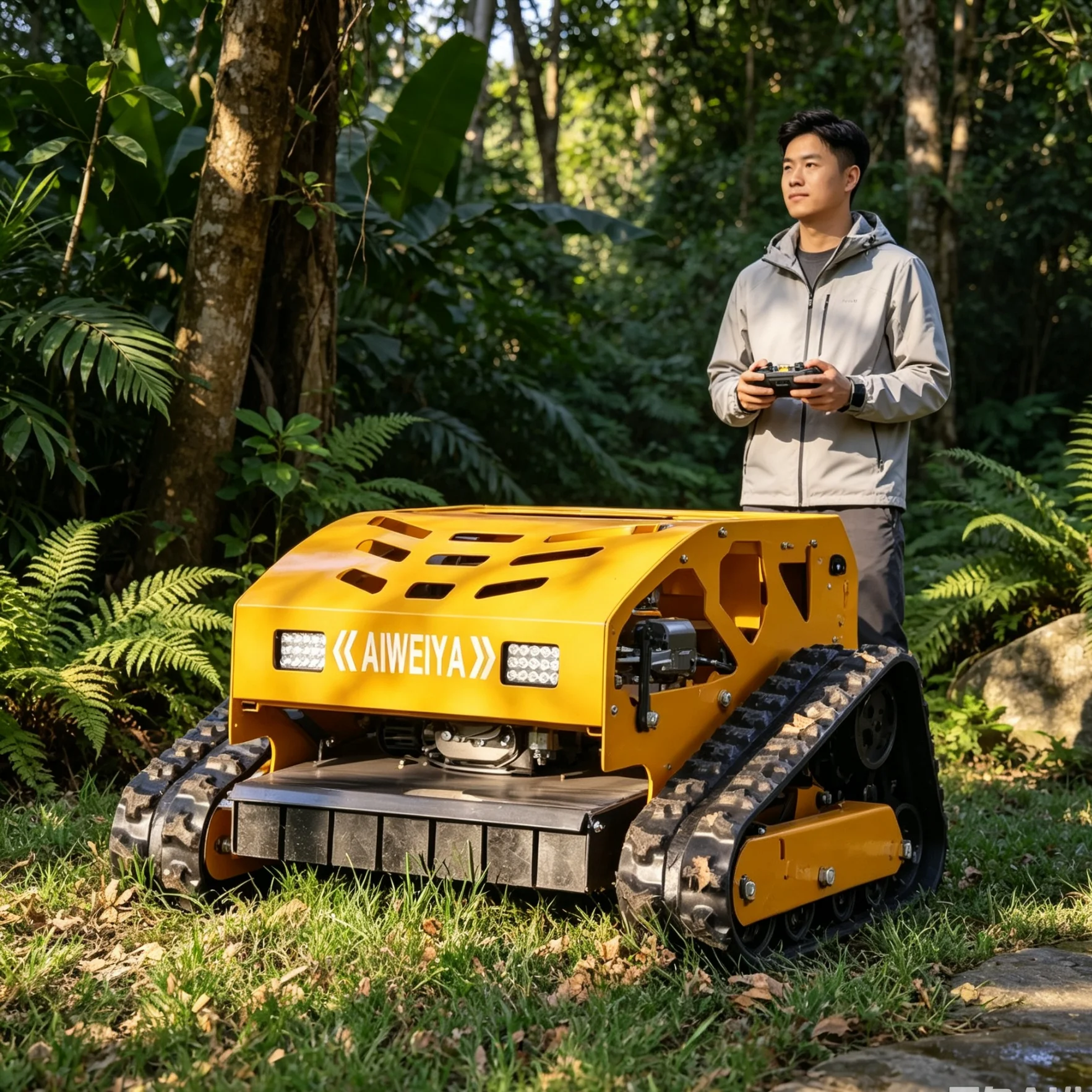 Customized Hilly Tea Plantation 550H Tracked Remote Lawn Mower, Optional Industrial Remote For Stable Grass Cutting On Sloped Gr