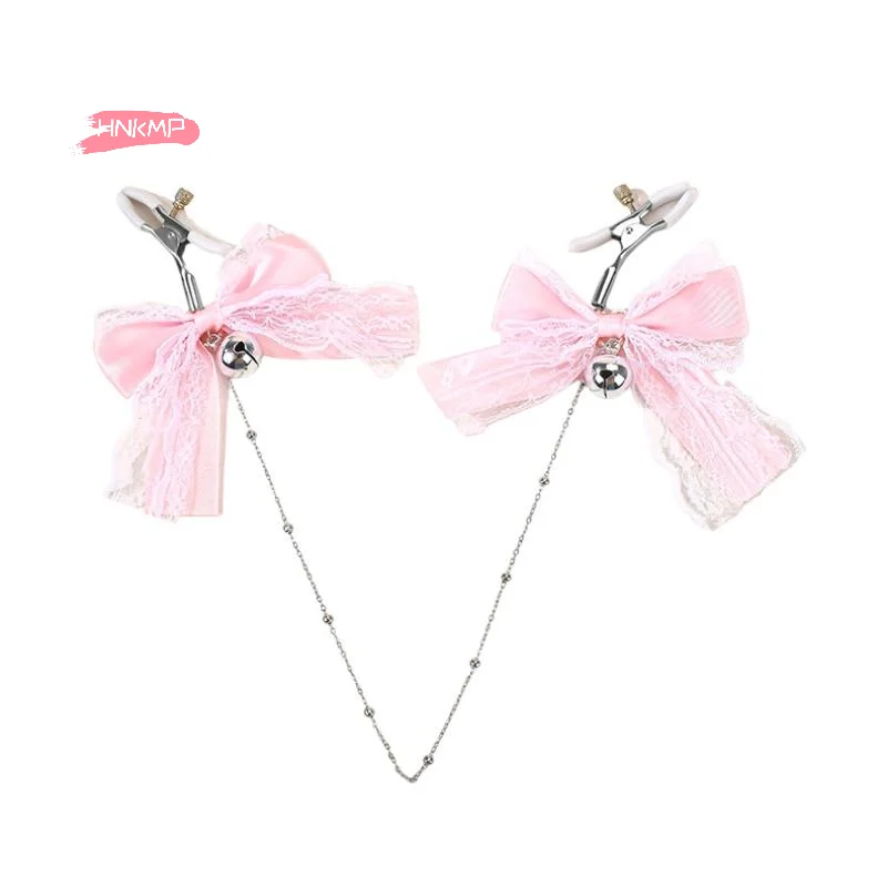 1Pair Lace Butterfly Knot Bell Nipple Clamps with Chain Adult Toy Sexy Teasing Accessory Polyester Fabric Cute Girl Style - view 5
