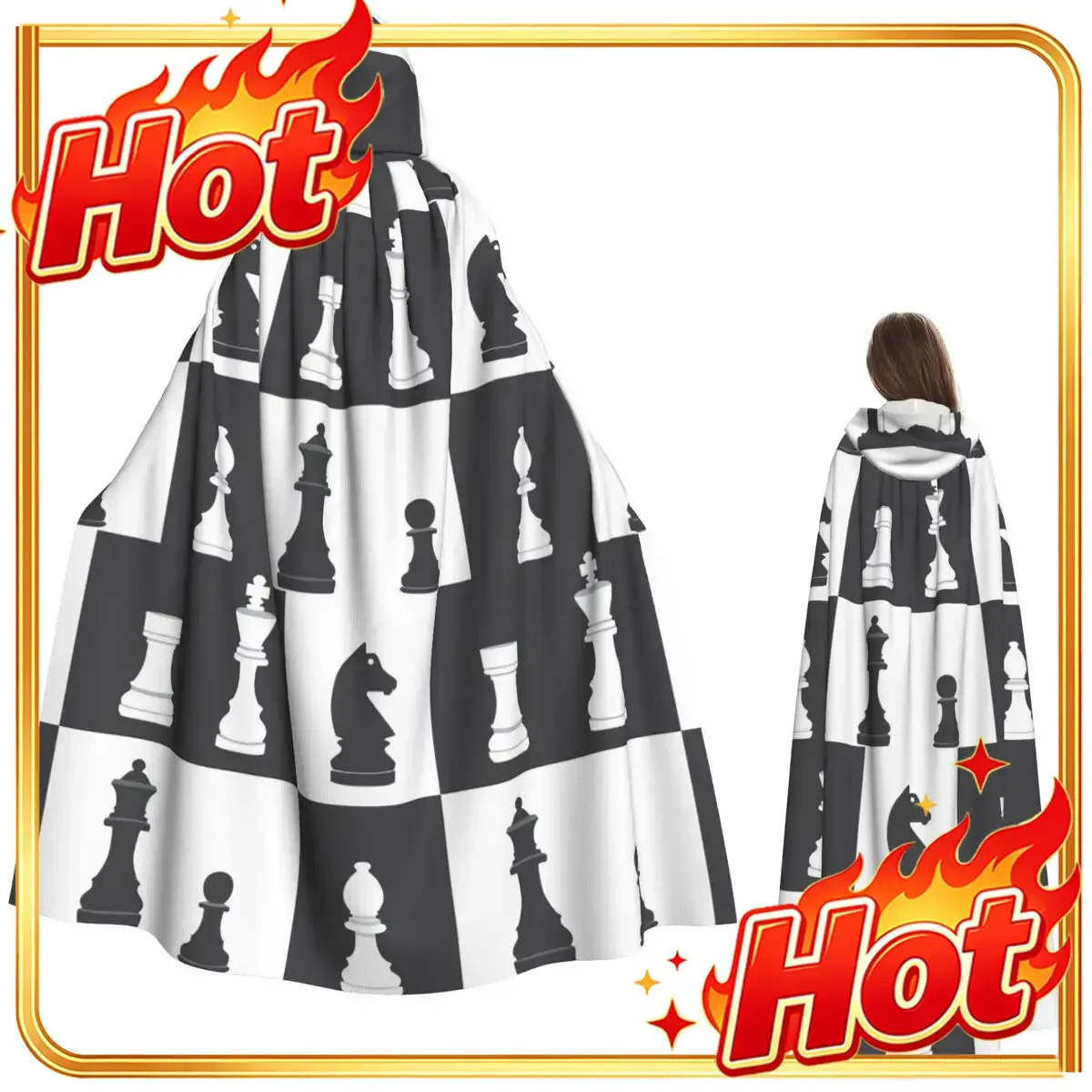 Chess Pieces On Board Long Hooded Cloak Witch Medieval Costume Cosplay Cape HalloweenVampire Adult Unisex