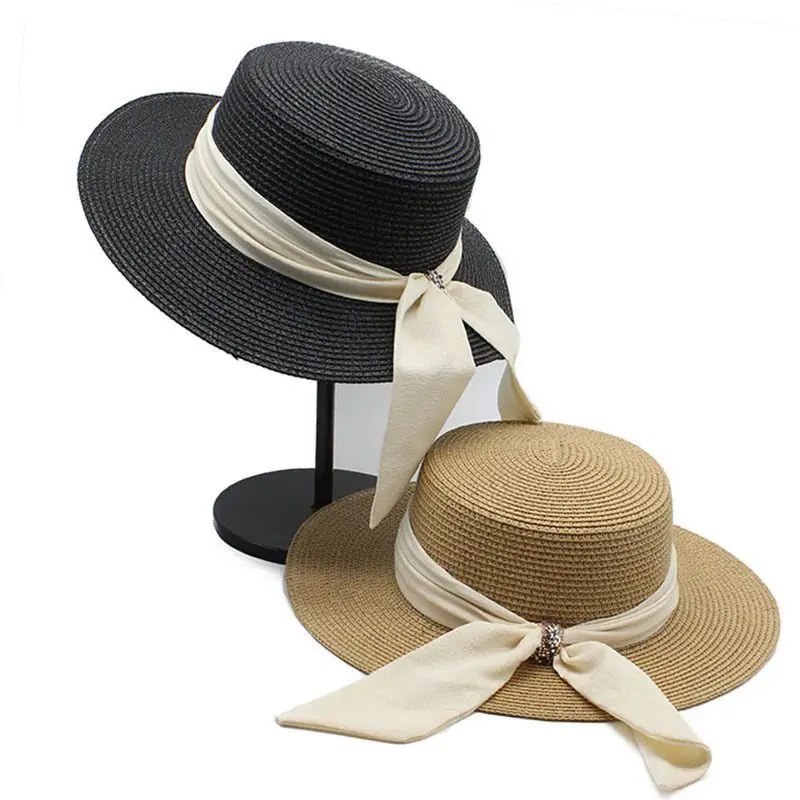 Women\'s Bow Straw Hat Summer Outdoor Beach Hats Breathable Sun Protection Cap Jazz Panama Wide Brim Fashion Travel Sun Hats