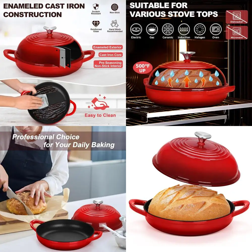 

Cast Iron Bread Dutch Oven, 6 Qt Enameled Dutch Oven Pot for Sourdough Bread Baking, with Tall Dome Lid & Round Base Pan, Self-B