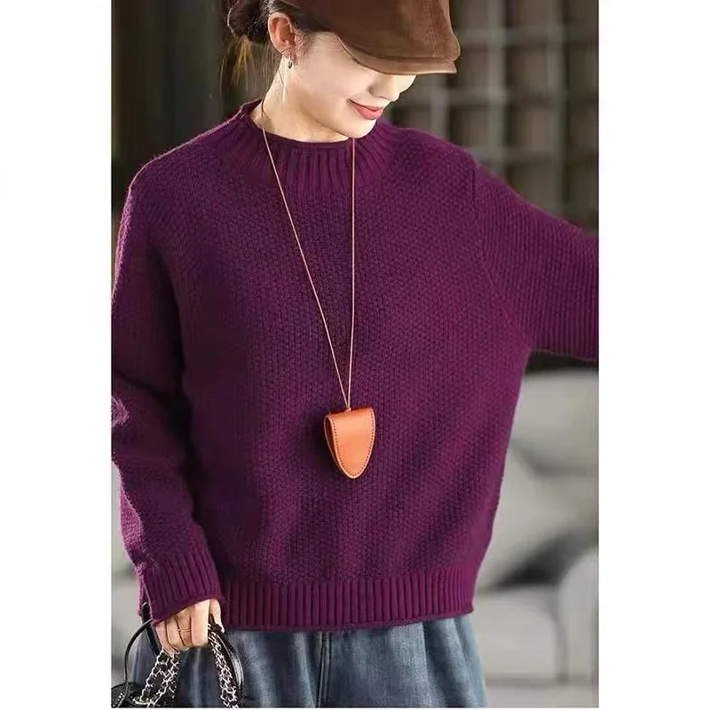 Nuevo suéter Retro liso con cuello simulado para mujer, jerséis tejidos de algodón peinado, tejido suelto, camiseta de fondo de otoño de gama alta