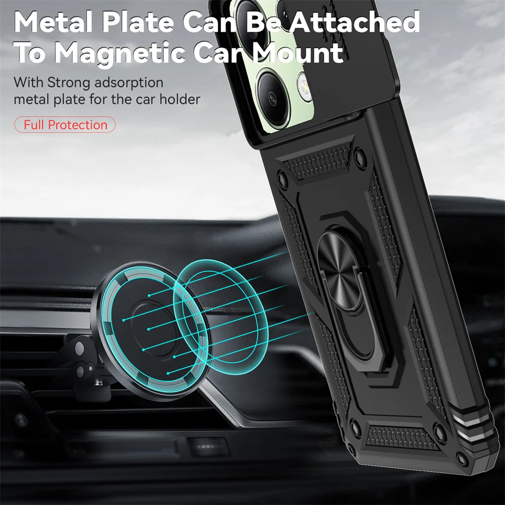 For Xiaomi Redmi Note 13 Pro 4G 5G Case Slide Lens Protect Shockproof Armor Phone Cases For Xiaomi Poco C65 4G Ring Holder Cover