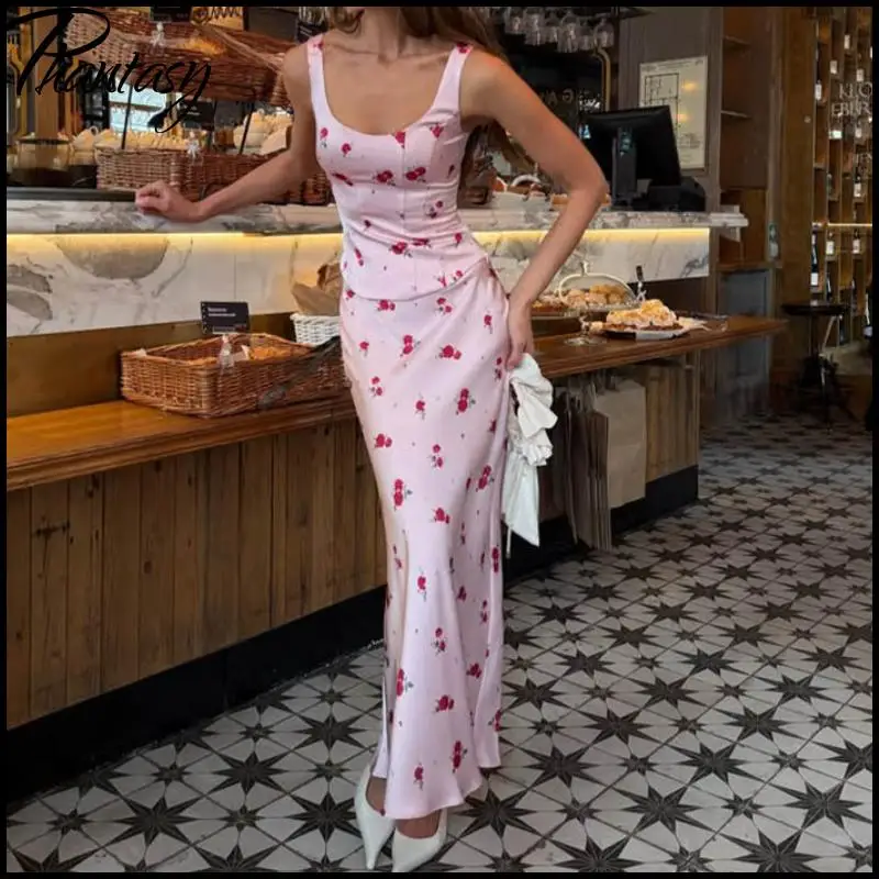 

Phantasy French Style Pink Women's Dress Set Elegant Pink Floral Tank Top Long Skirt Suit Lady 2026 Summer Casual Party Dress up