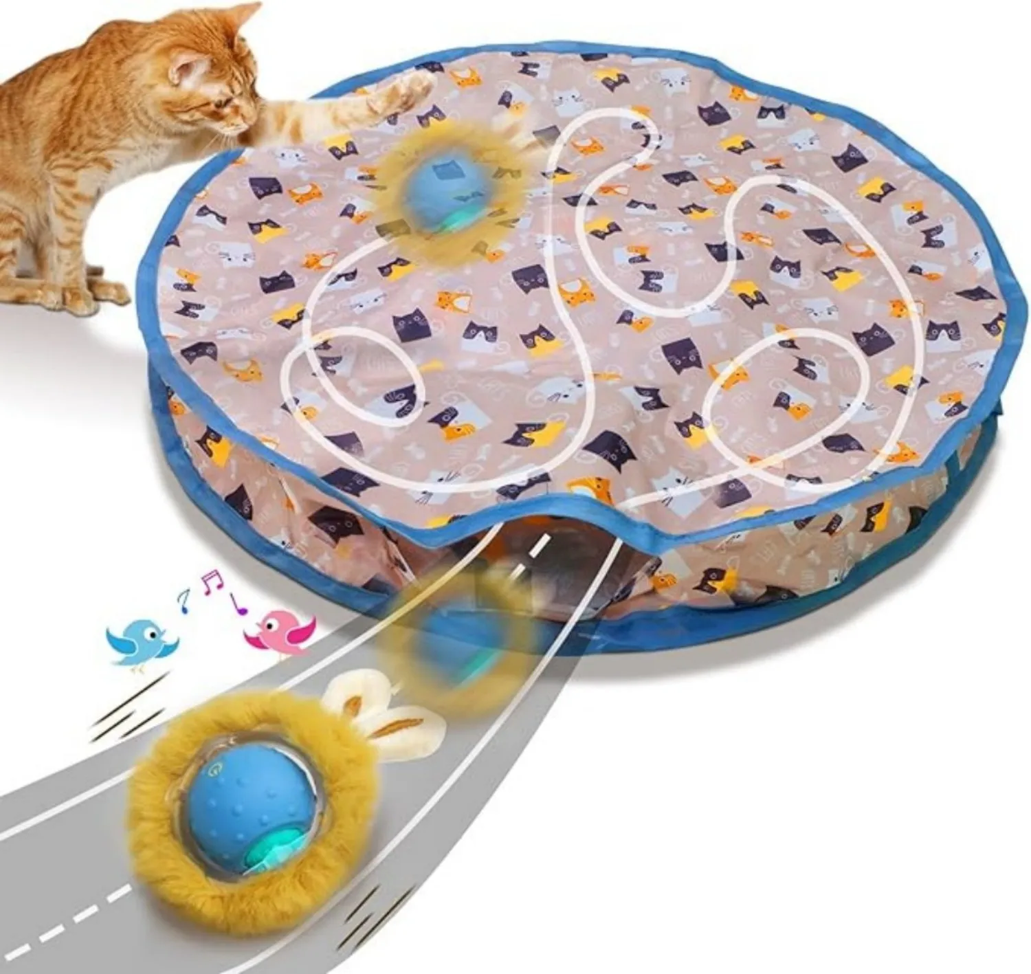 ATUBAN Interaktives Katzenspielzeug Ball Schnell Rollend im Beutel, Bewegungsaktiviertes Zwitscherndes Katzenspielzeug Versteckspiel Maus-Fangspiel