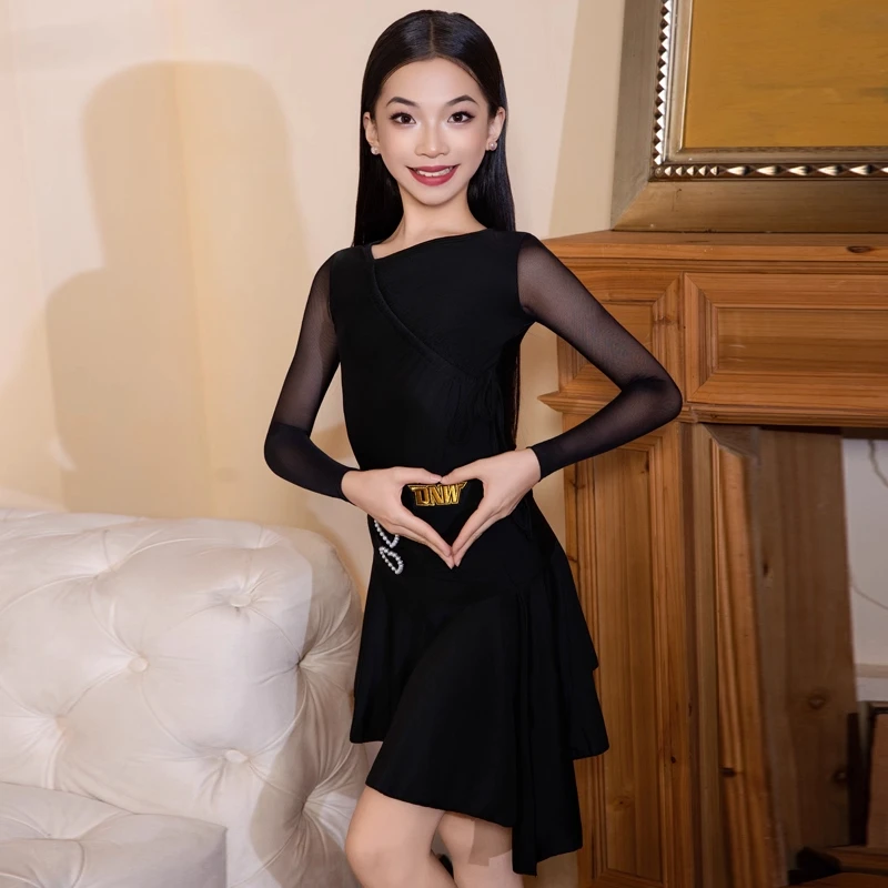 جديد أسود اللاتينية الرقص الزي الفتيات طويلة الأكمام أداء دعوى تشا تشا رومبا ممارسة ارتداء طفل ملابس التدريب اللاتينية VDL4518