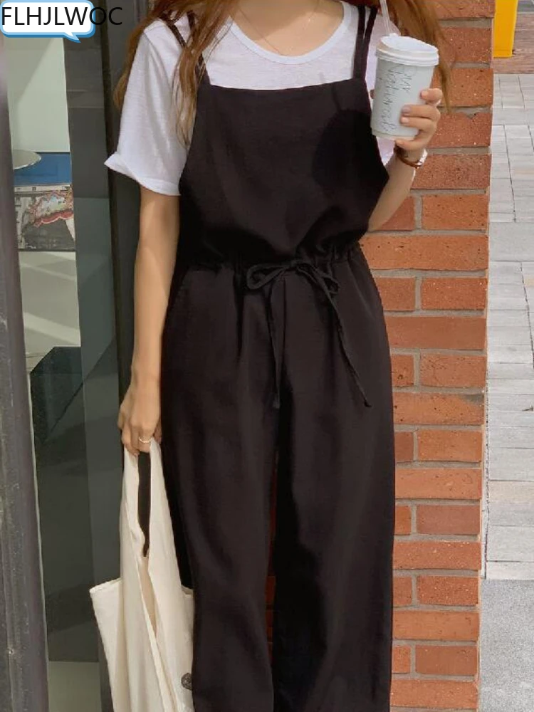 Cotton Linen Pants 2024 Summer New Korea Japan Cute Sweet Girls Solid Black Casual Jumpsuit