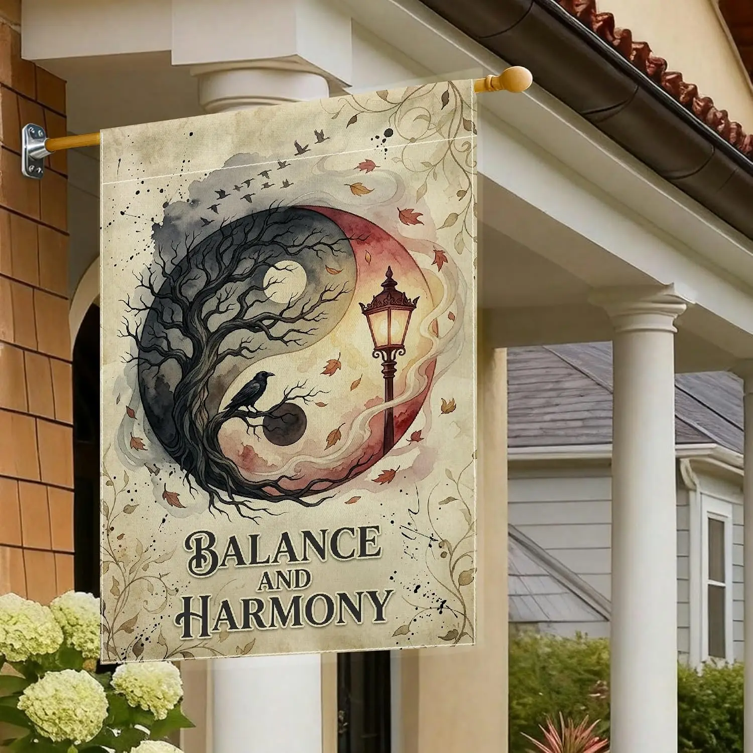 Tree House Flag, Autumn Fanciful Lantern Crow Fall Black Double Sided Burlap Outside Large Garden Flag for Outdoor Lawn Yard kkz