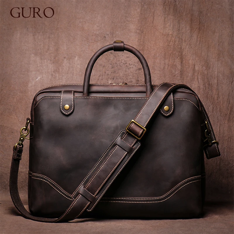 GURO Vintage Genuine Leather Handbag Men Top Cowhide Executive Briefcase Deluxe Shoulder Bag Male Business Travel 16″ Laptop Bag