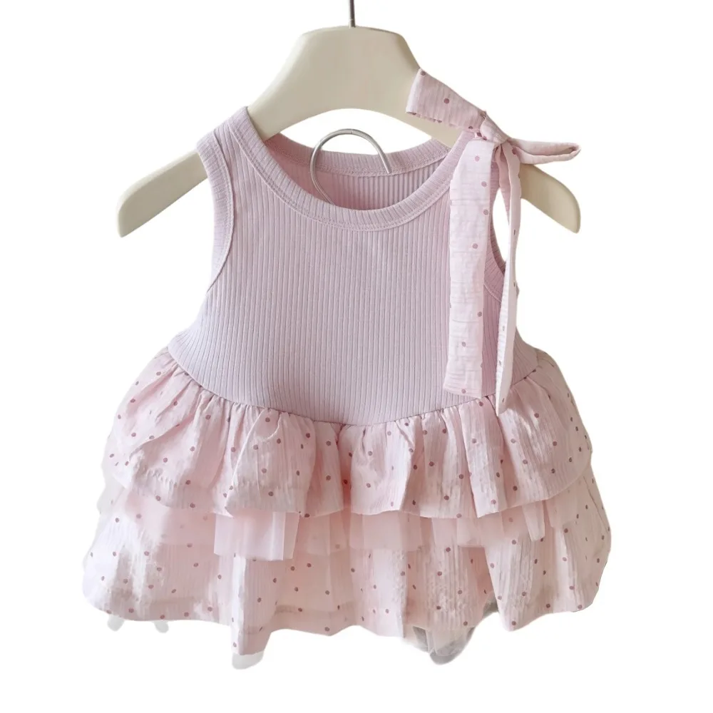 2026 Summer Korean Girls Pink Tank Dress Polka Dot Tulle Multi Layer Skirt Princess Gown with Tie for 73-110cm