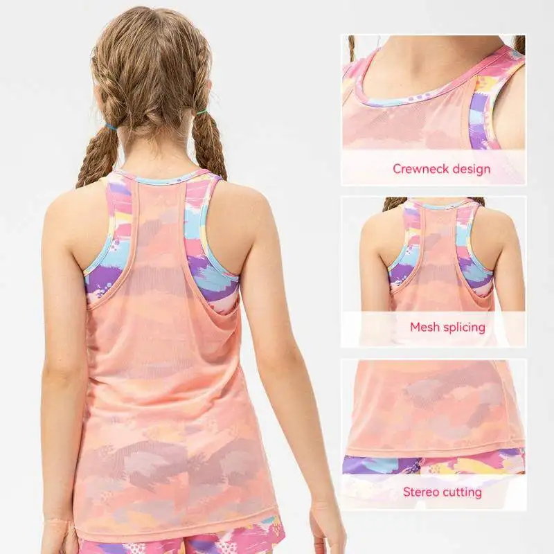 Girls Sport Vest Quick Dry Fake Two-piece Jogging Running Sportswear Tights Tank Top Yoga Dance Training Fitness Singlet MM371