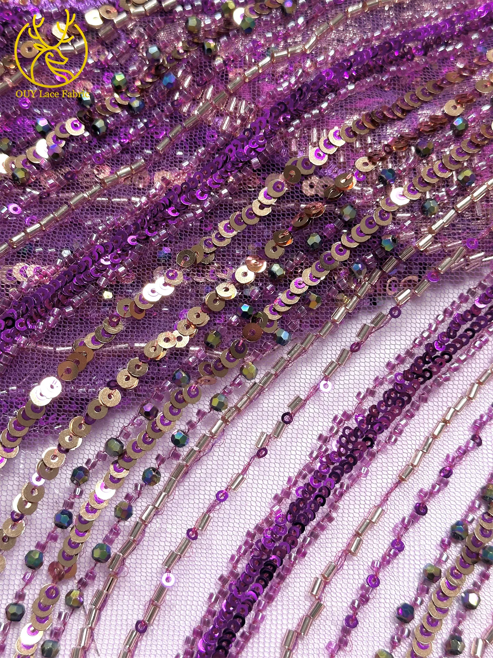 Lila luxuriöser afrikanischer schwere Perlen-Chiffon-Spitzenstoff 2026 Hochwertiger nigerianischer Pailletten-Spitzenstoff für Abendkleider 5 Yards – Detail 17