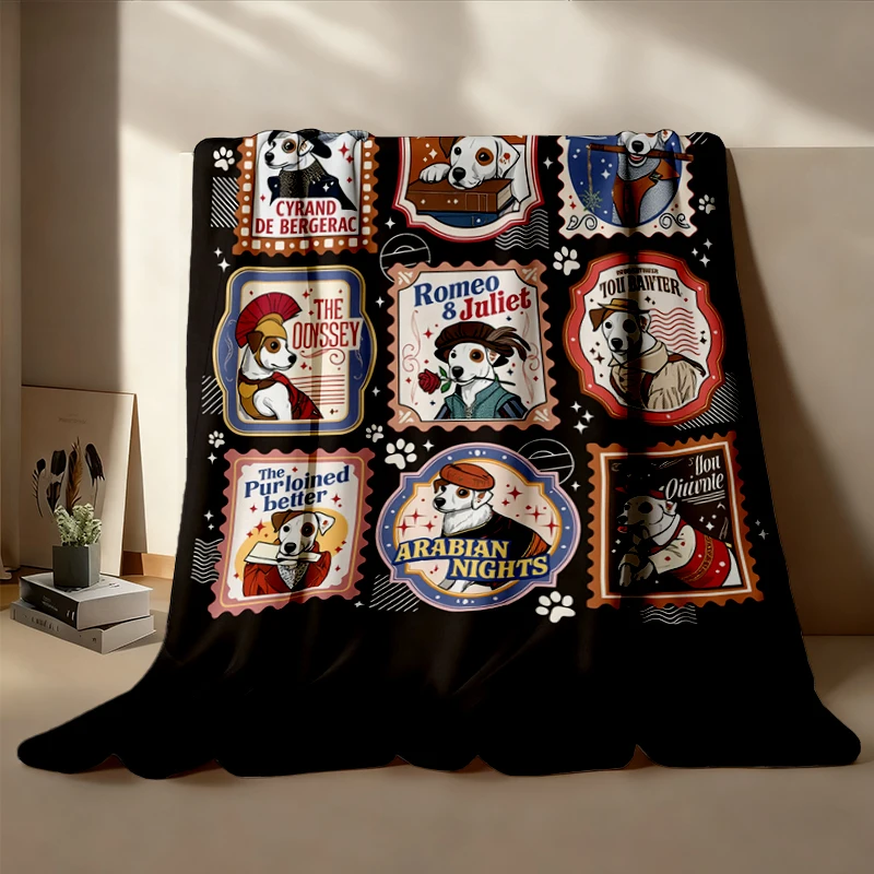 Wishbone Dog Stamps Cozy Blanket, 90s Movie Graphic Warm Blanket, Jack Russell Book Lover Soft, Literary Fandom Gift