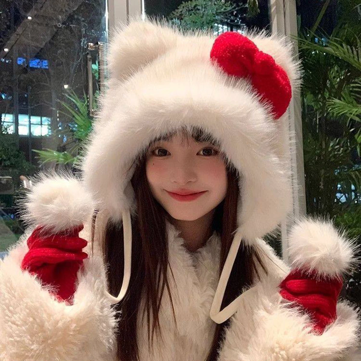 Women's White Cute Student Personalized Cat Ear Earmuff Hat Ladies' Cute Cat Ear Design Ear Warmer Hat Made Of Polyester Fiber,