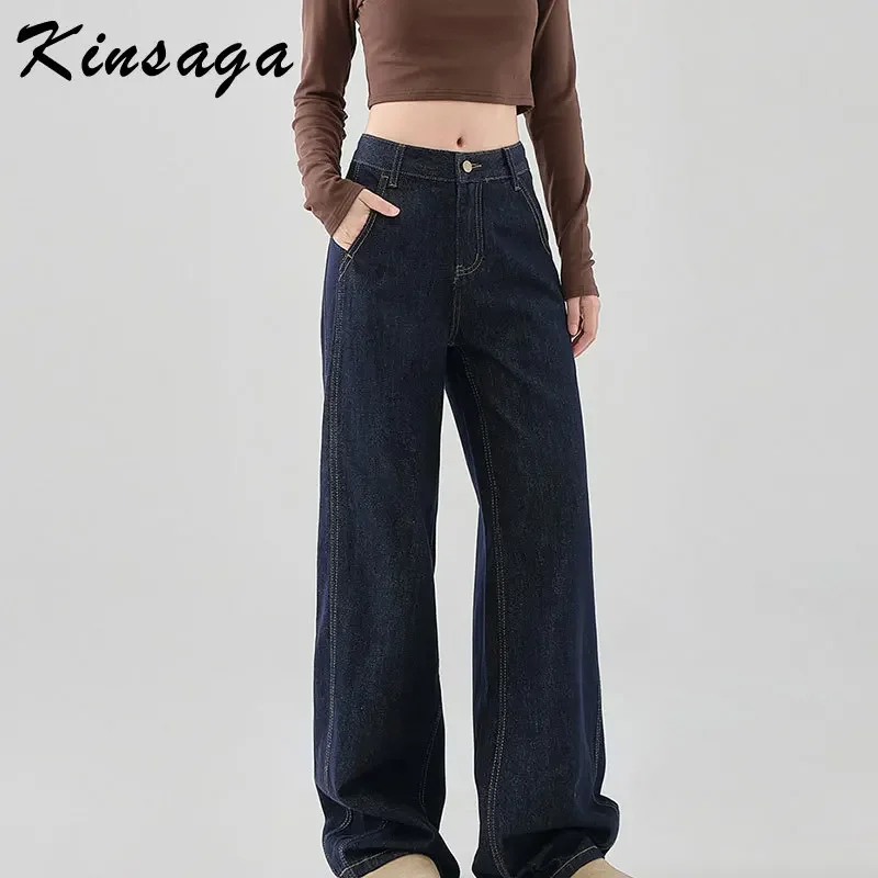 Kinsaga Dark Blue Narrow Straight Jeans Women Korean Fashion Pear Shape Loose Bright Line Wide Leg Mopping Denim Pants 150cm