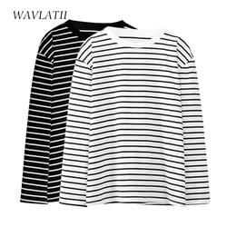 WAVLATII Women New Cotton Striped Long Sleeve T shirts Female White Black Korean Style Tees Tops for Spring Autumn WLT2399