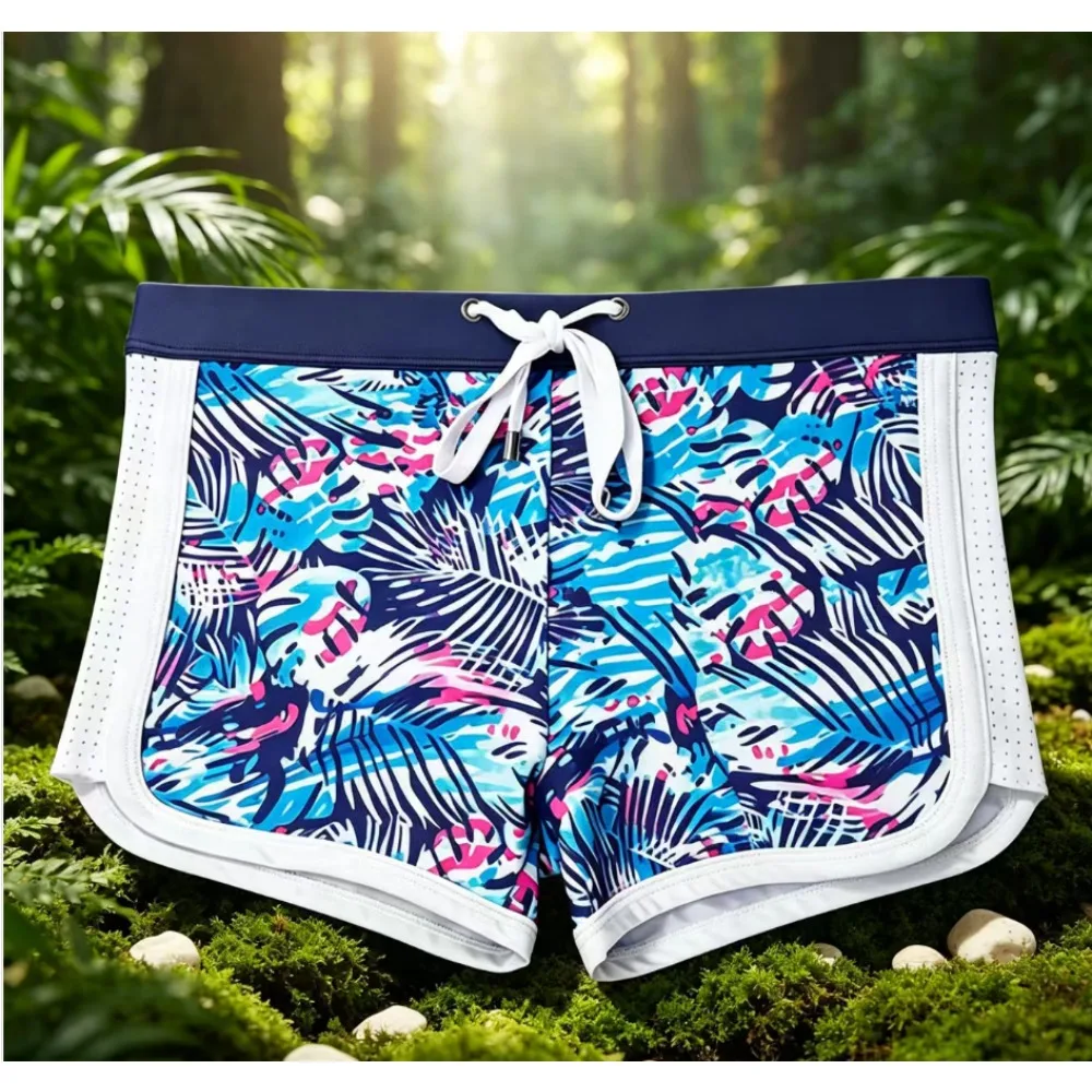 2026Cross-border men's hot plant silhouette printing boxer swimming trunks with cup boxers breathable beach sports  UXH210-1