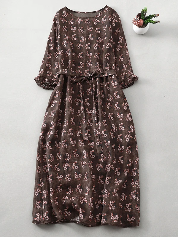 

Summer Vintage Cotton Linen Floral Print Midi Dr Women's plus Size Casual Belted Dr Comfortable Fit round Neline Sve
