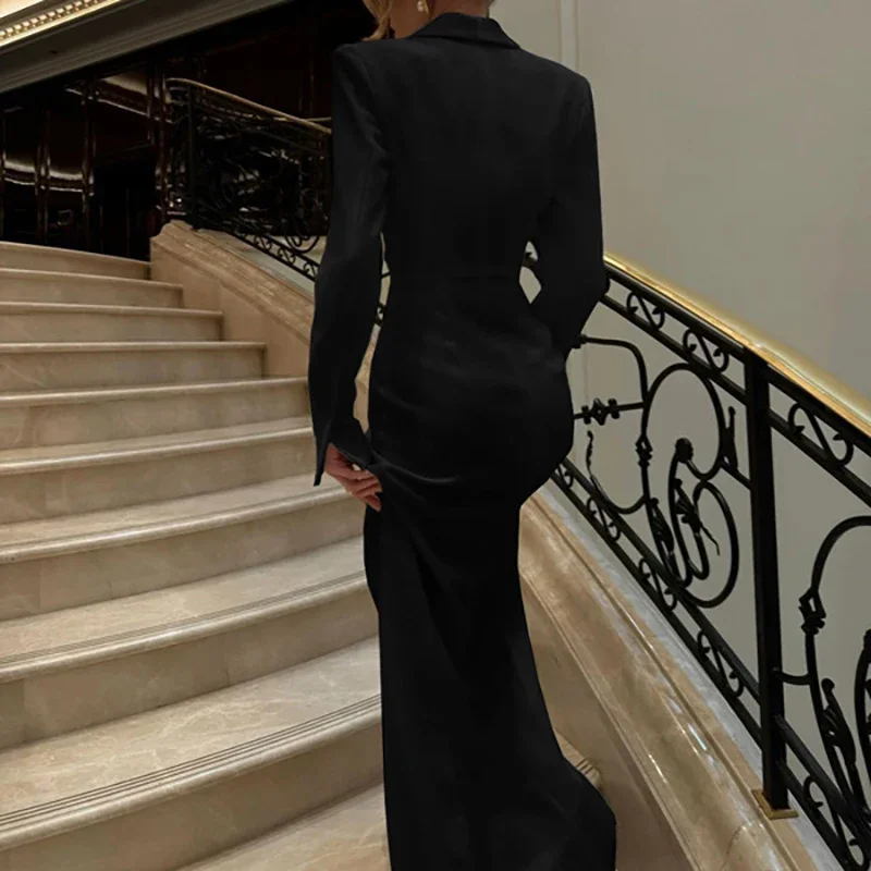 فستان سهرة نسائي مثير فساتين طويلة بأزرار وفتحة رقبة على شكل V بلون سادة وأكمام طويلة وخصر ضيق على شكل حرف A فستان صيفي للحفلات من Vestidos largos #5