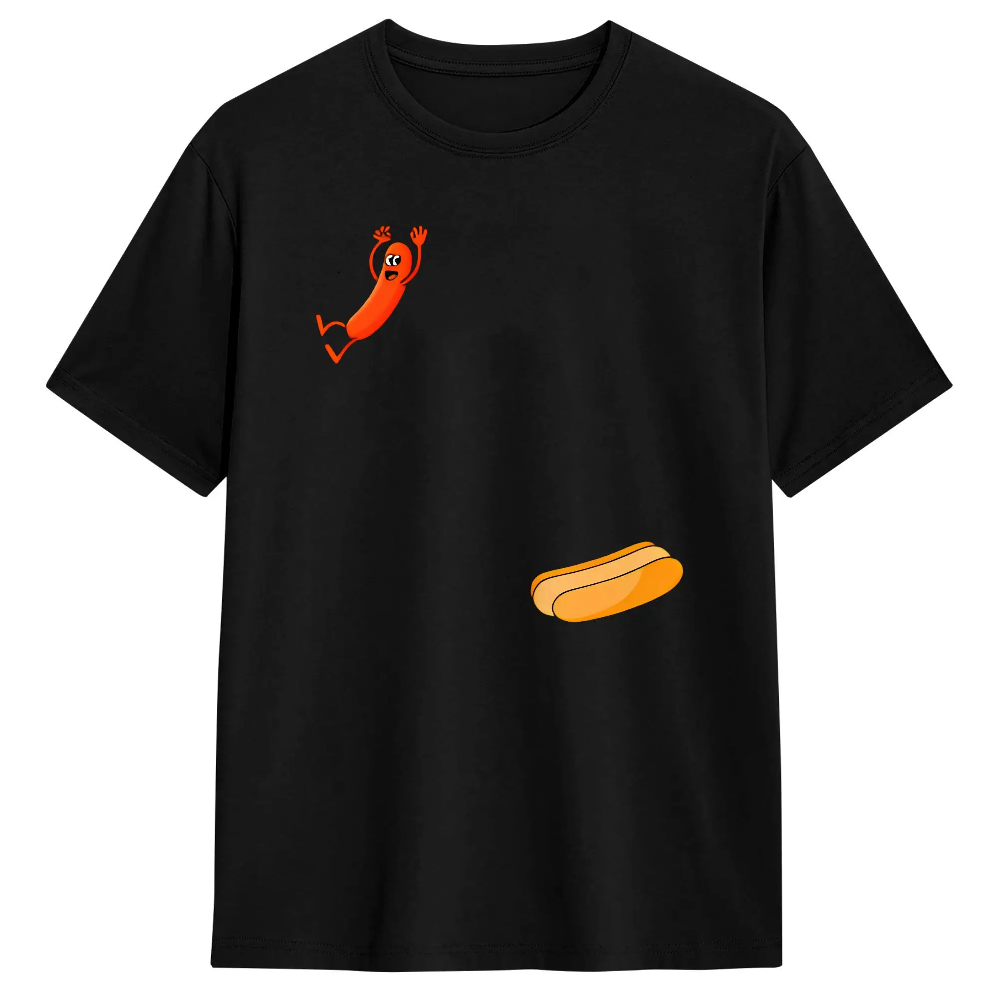 Men T-Shirt Hot Dog Jumping Into Bun Sausage BBQ Novelty Pure Cotton Tees Short Sleeve  T Shirt Crewneck Clothing Summer