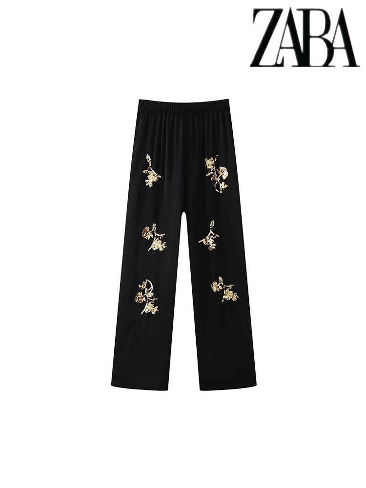 TRAF Women's Fashion Sequins Splicing Pattern Set Long Sleeve Lapel Single Button Shirt Temperament Elastic Waist Trousers Set