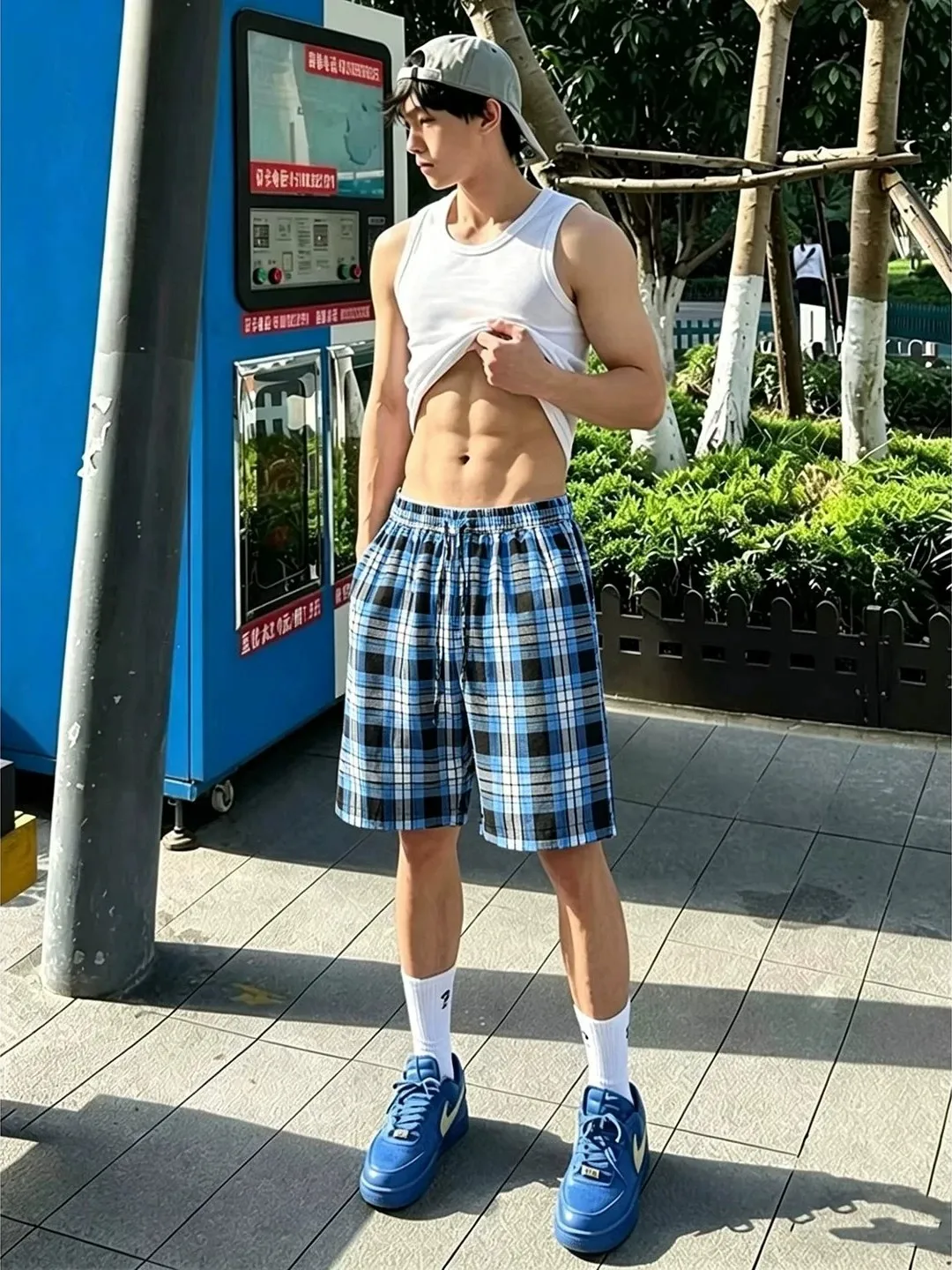 

Cleanfit Blue Plaid Men's Shorts Summer Thin Cool Quick Dry Loose Straight Cut Sports Five-Quarter Length Elastic Waistband