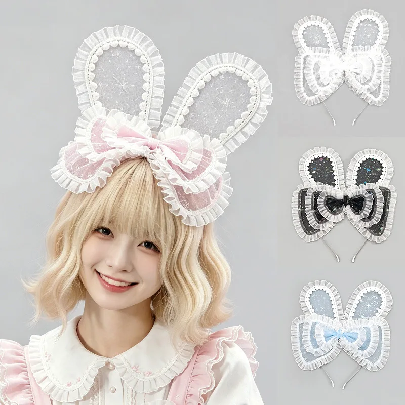 

Lace Bunny Ear Headband With Tulle Bow Japanese Sweet Lolita KC Headdress Fluffy Rabbit Ear Hair Decor for Cosplay Party