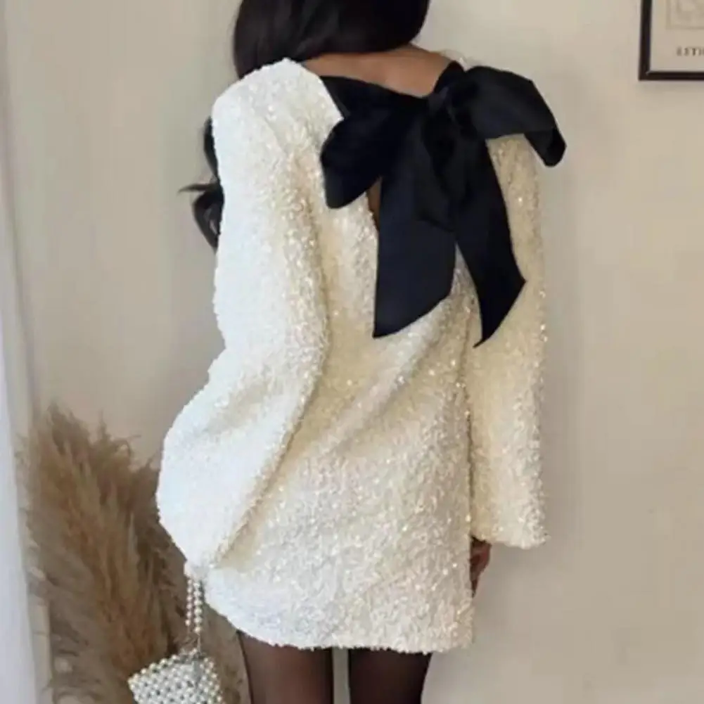 Women Sequin Dress Shiny Loose Long Sleeve Short Dress Big Back Bow Decor Sparkling Pullover Elegant Lady Spring Fall Mini Dress