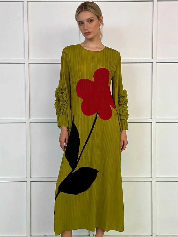 Ele Long A-Line Dr con gonna a pieghe Bell Sve round Ne Cross-Border plus Size Stampa floreale da donna Vestibilità ampia Dr