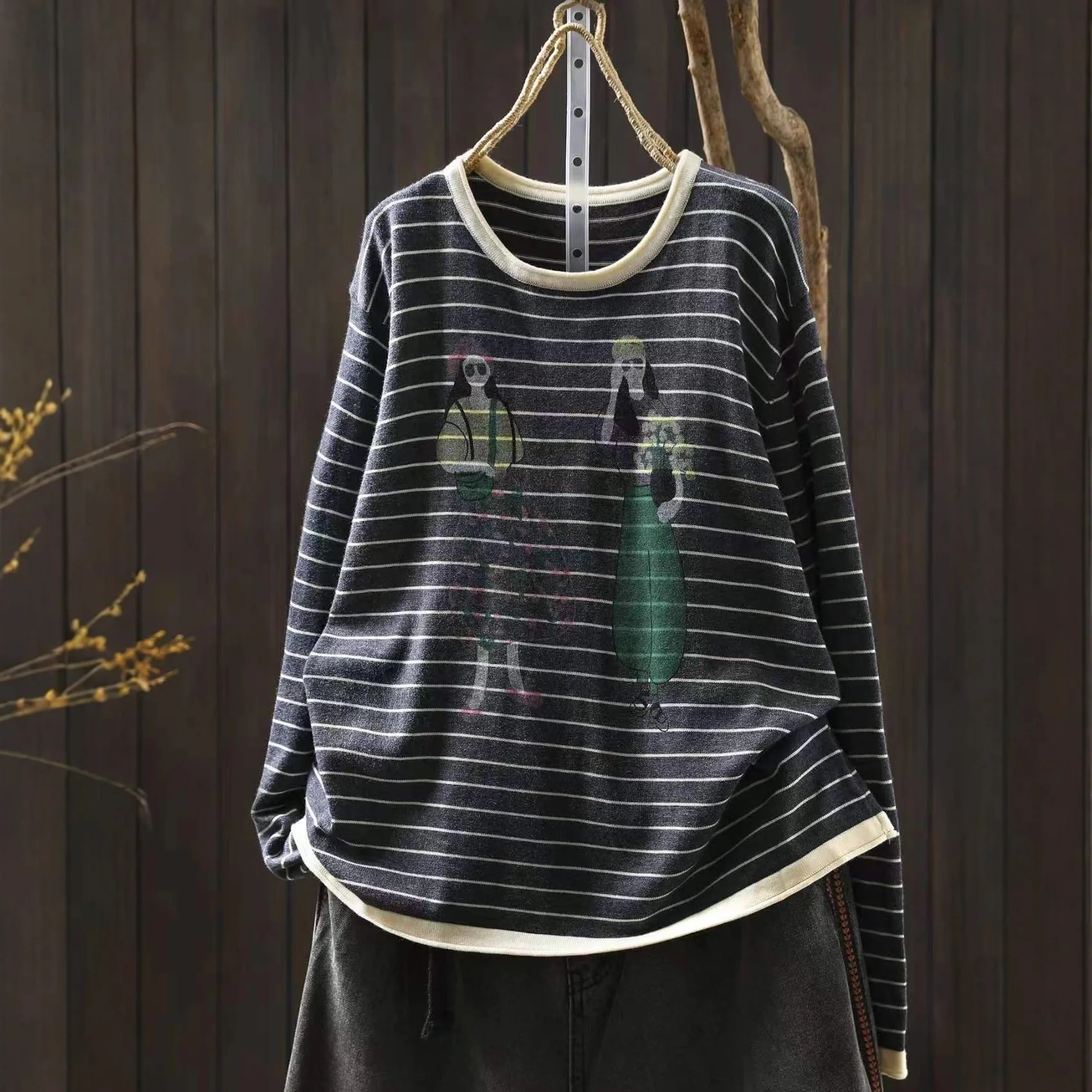 المرأة القطن متماسكة البلوز بأكمام طويلة مخطط الكرتون نمط فضفاض مريح اللون سترة ملابس كاجوال الإناث #2