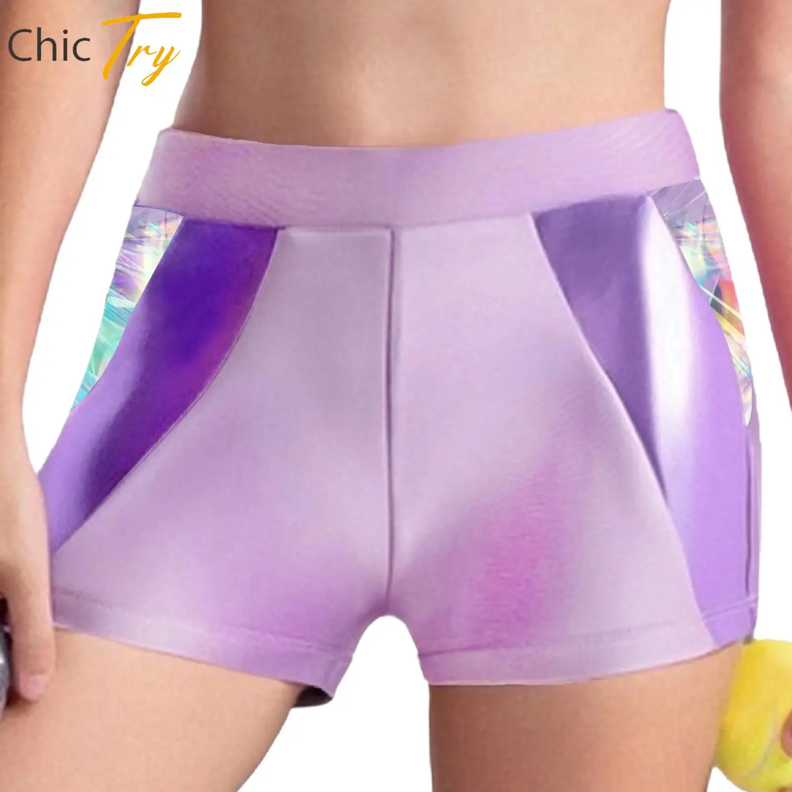 

Fashion Kids Girls Elastic Waistband Metallic Printed Patchwork Athletic Shorts for Sports Yoga Gymnastics Figure Skating Dance