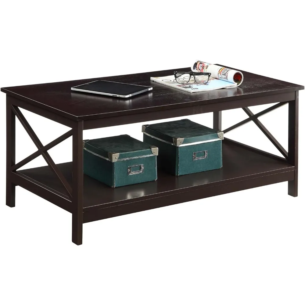 Coffee Table with Shelf, Storage Sofa End Table Open Shelves Espresso Coffee Tables for Living Room