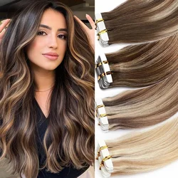 PROKYVITY 20pcs Invisble Tape In 100% Real Remy Hair Extensions Brazilian Straight Skin Weft Adhesive Salon Quality for Women