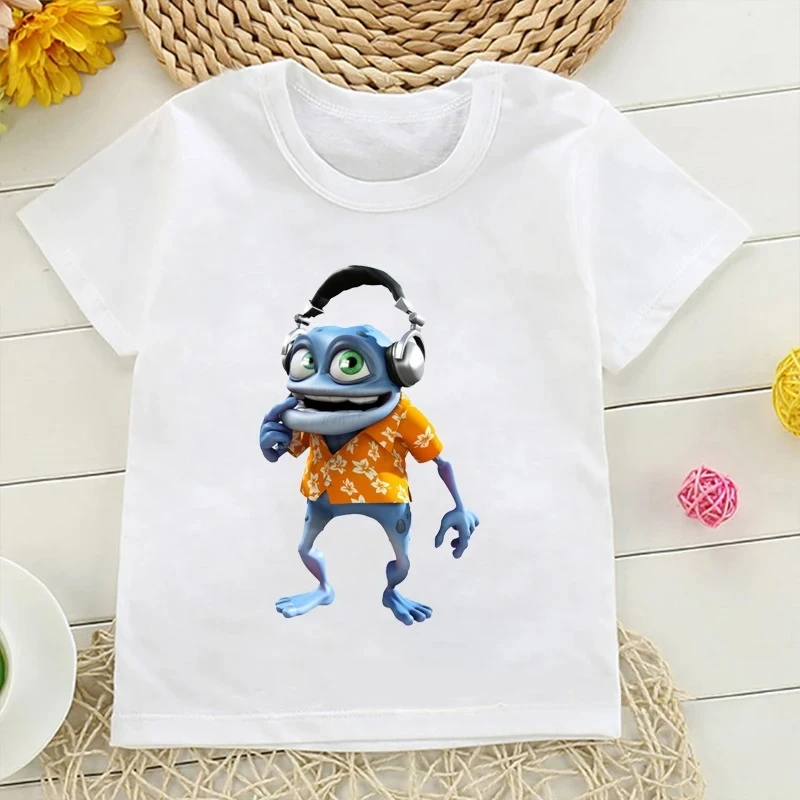 2024 New Summer Fashion Boys Pure Cotton T-shirt Fun Crazy Frog Anime Cartoon Print Children\'s Short Sleeve Hip Hop White Top