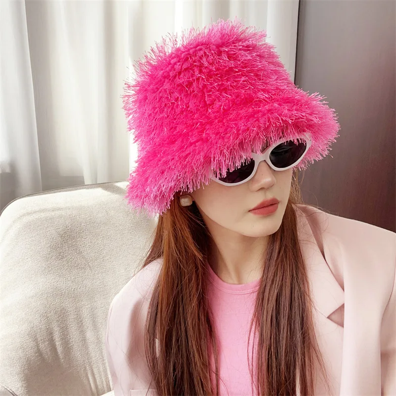 Sombrero de cubo peludo de imitación de diseño Original 2025 para mujer, Sombrero de esquí de invierno a prueba de viento, peludo, multicolor, blanco, verde y azul