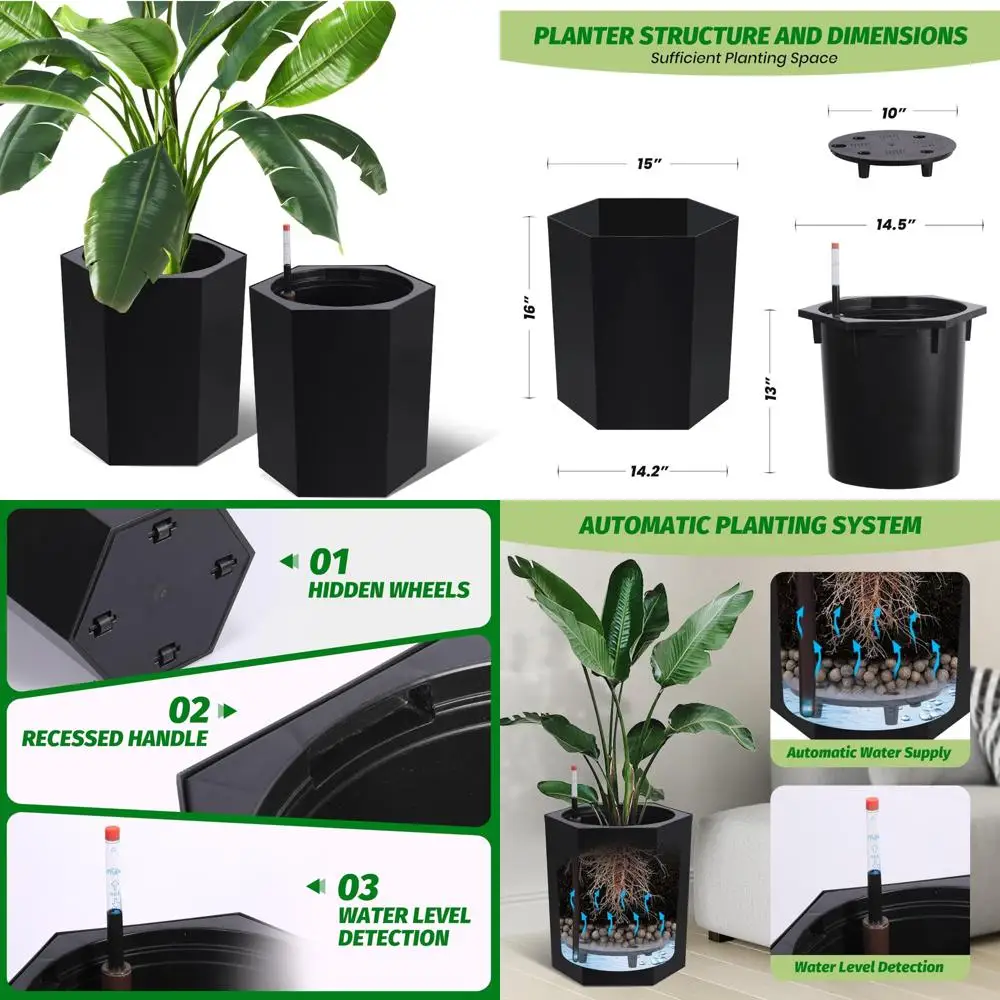 

Self-Watering Outdoor Planters Set of 2, 16 Inch Tall Pots with Water Level Indicator, Drainage, and Wheels for Indoor and Outdo