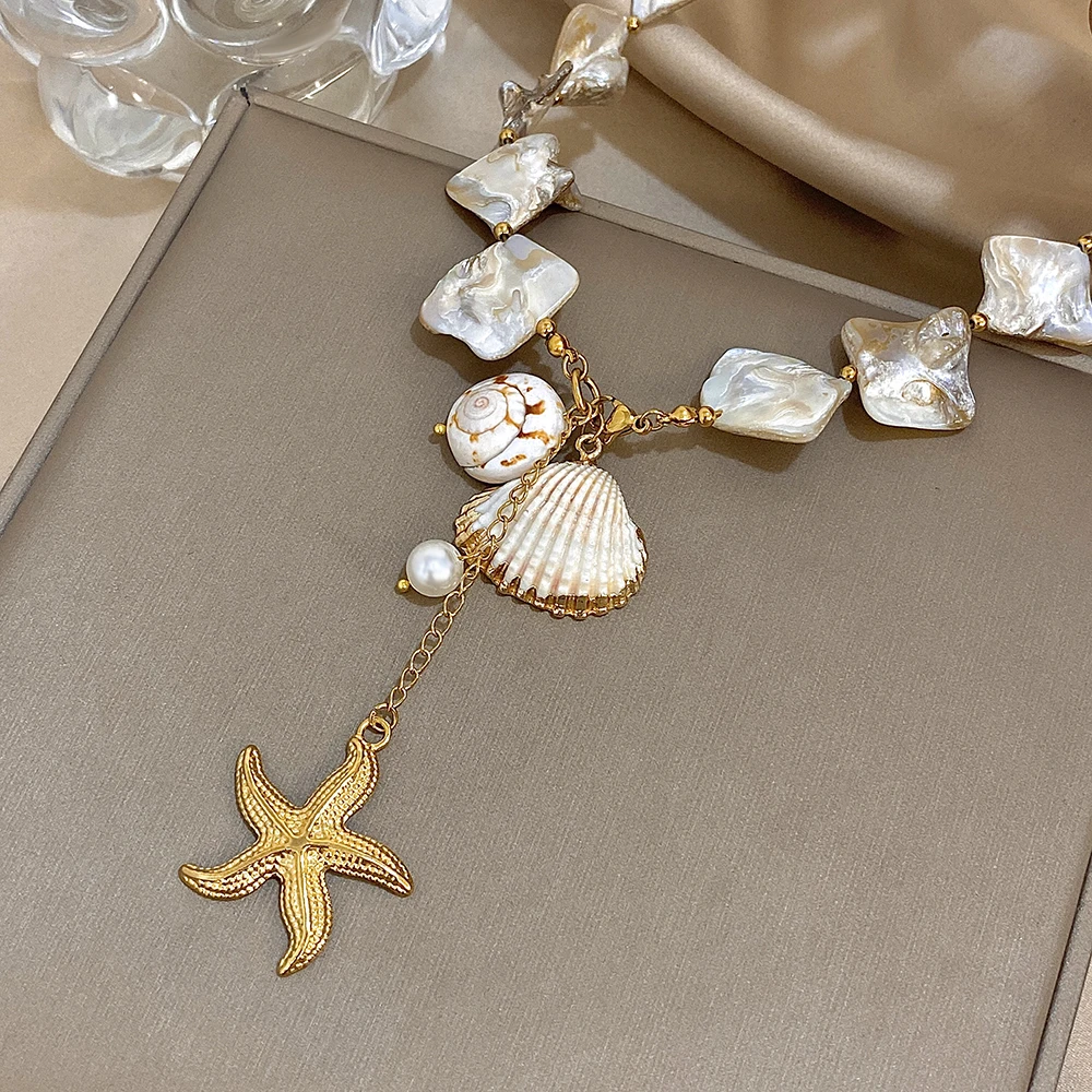 

Freetry Stainless Steel Large Gold Color Starfish Scallop Pendant Necklace for Women Summer Beach Waterproof Choker Neck Jewelry