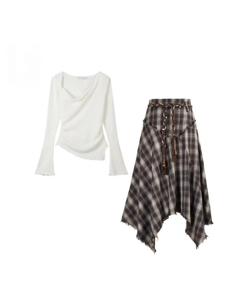 

Korean Sle Slim Fit Long Sve T-irt And Plaid Skirt Set Women's Early Spring Faion Outfit High Waist Chinoiserie