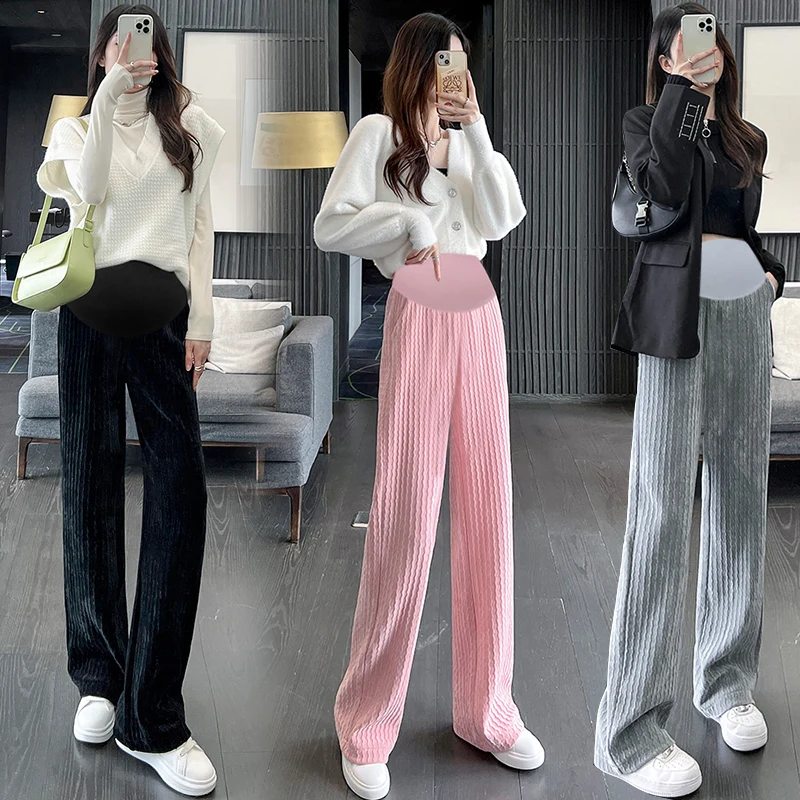 8880 Autumn New Fashion Chenille Maternity Long Pants Casual Wide Leg Loose Straight Belly Trousers for Pregnant Women Pregnancy