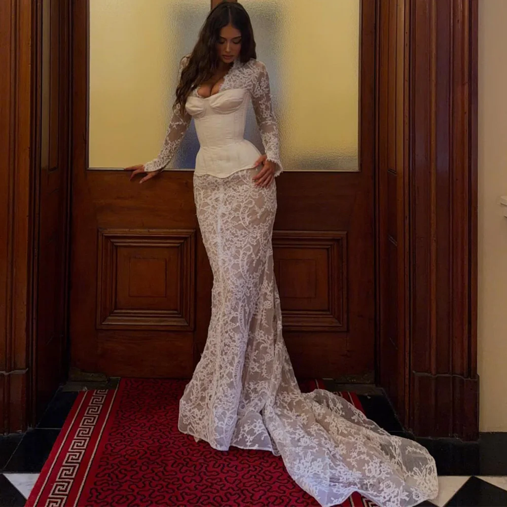 Exquisite Customized Appliques Lace Prom Dress Classic Satin Ruched Evening Dresses Modern Mermaid Long Sleeves Celebrity Gowns