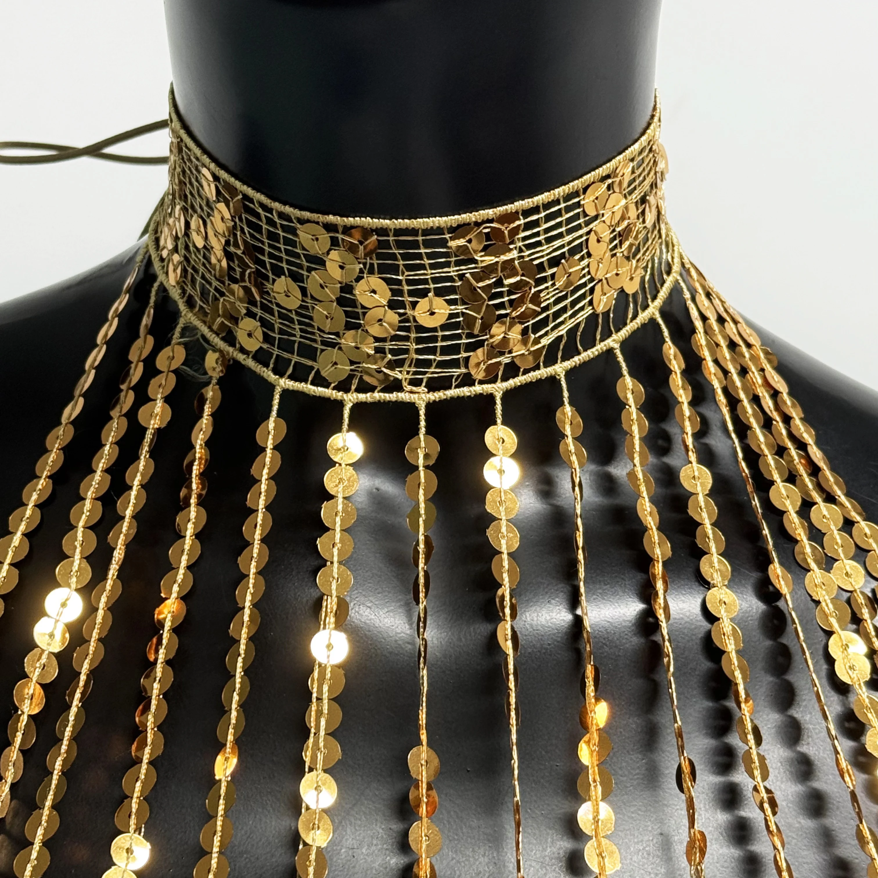 Women Silver Sequins Fringe Body Chain Scarf Sexy Hollow Out Choker with Long Chain for Nightclub Party Stage Show Accessories
