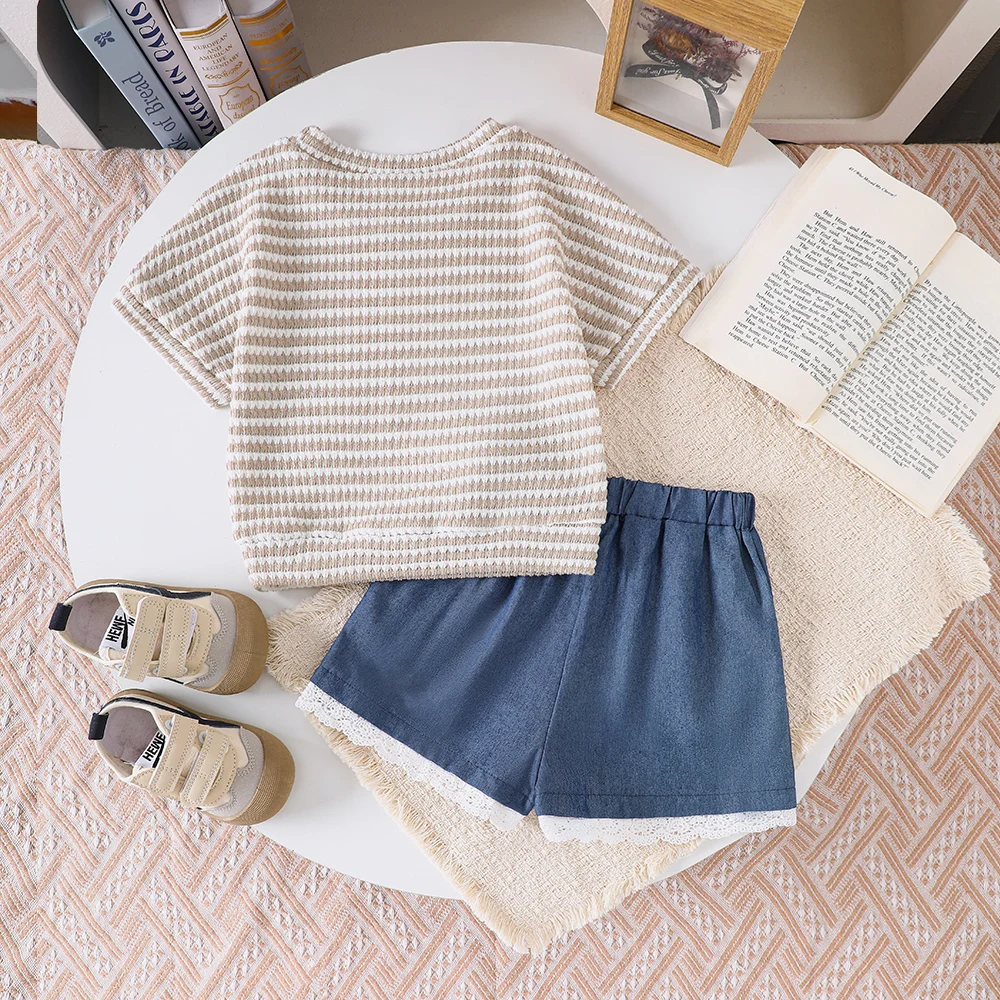 Girls' summer knitted striped short-sleeved T-shirt top + lace shorts two-piece casual set