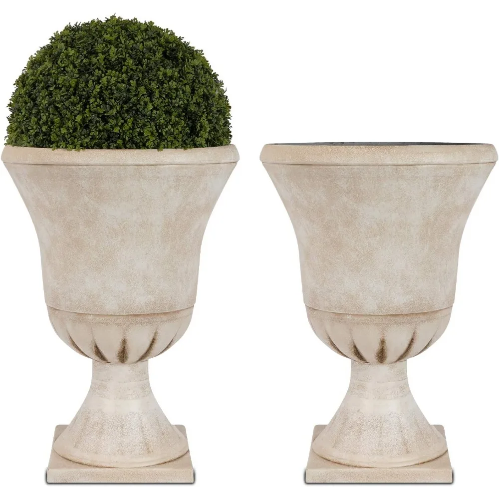 

Garden Plastic Urn Planters for Outdoor Plants, Tree 22'' Tall 2 Pack Round Classic Resin Flower Pots Indoor Beige Traditi