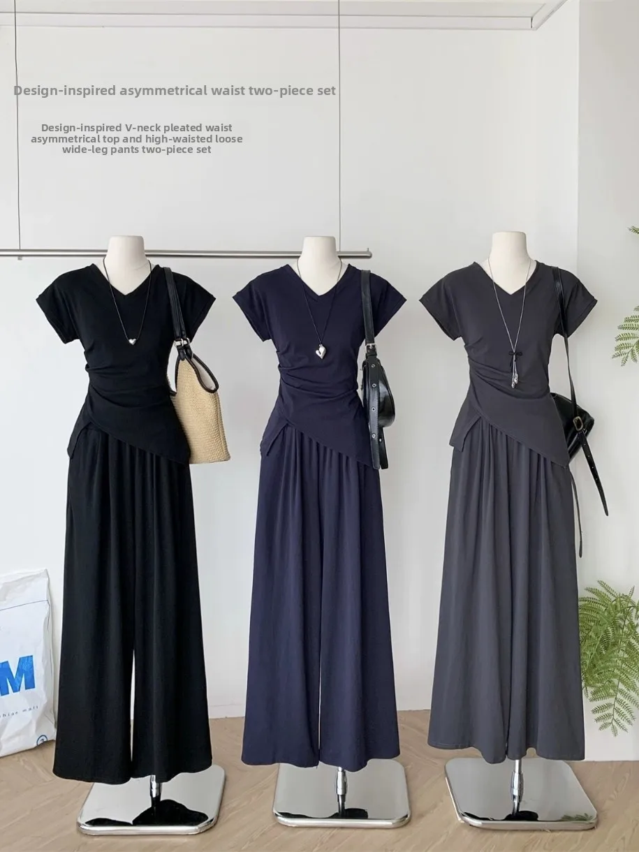 

Летний повседневный универсальный комплект 2025: брюки с широкими штанинами и футболка с коротким рукавом, с асимметричным дизайном талии, высокая талия, полиэстер