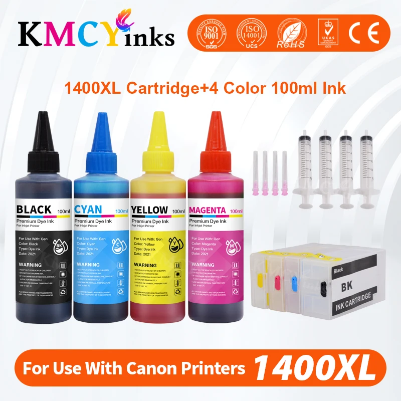 KMCYinks 4 Color PGI 1400 XL Printer Ink Cartridges + 4×100ml Ink For Canon PGI1400 MAXIFY MB2040 MB2140 MB2340 MB2740 Printers