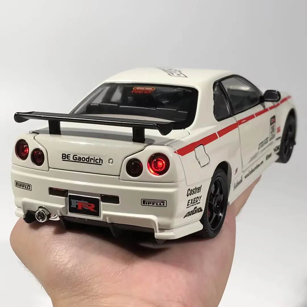 1:24 Nissan GTR R34 Skyline súper deportivo de aleación de Metal de aleación de Metal, modelo de decoración del hogar, exhibición de escritorio, adorno para regalo de vacaciones