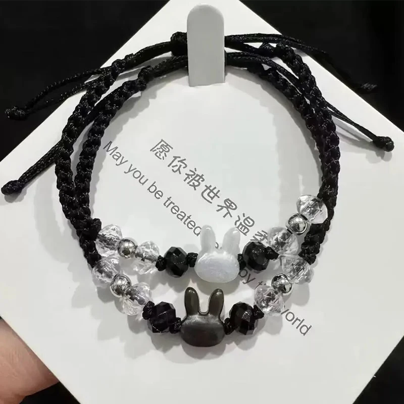 2025 اليدوية حبل أسود سوار عشاق الأصدقاء الطبيعية Moonstone أرنب سحر قابل للتعديل أساور حزب زوجين مجوهرات هدايا #6