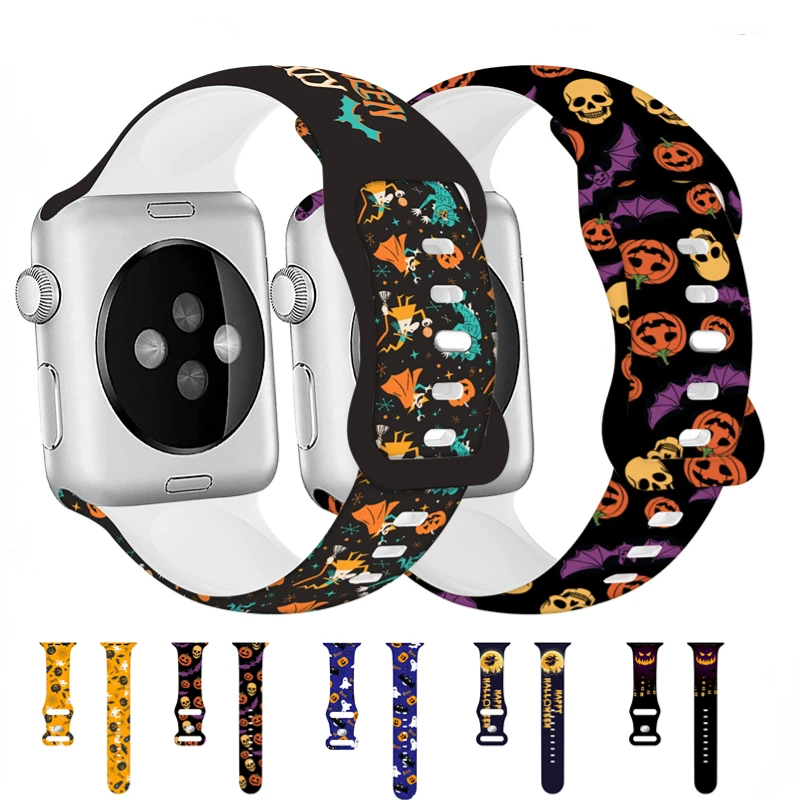 Halloweenowy silikonowy pasek do Apple Watch Ultra 8 7 6 5 4 SE drukowana bransoletka opaska na rękę dla iWatch 49mm 45mm 44mm 42mm 41mm 40mm