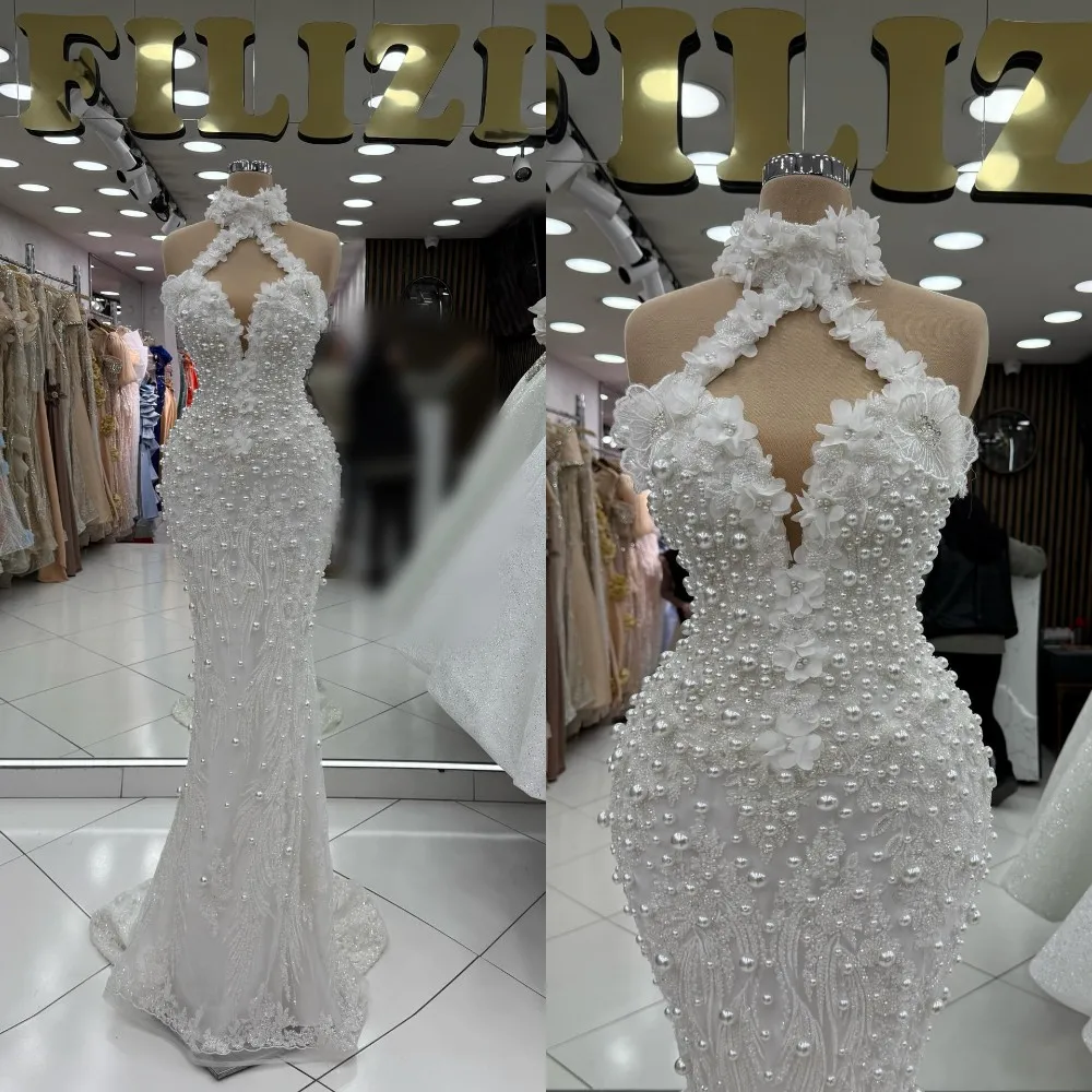 

Модные свадебные платья с лямкой на шее, жемчужные аппликации, свадебные платья русалки, 3D цветы, без рукавов, принцесса, индивидуальные платья, Vestidos De Novia