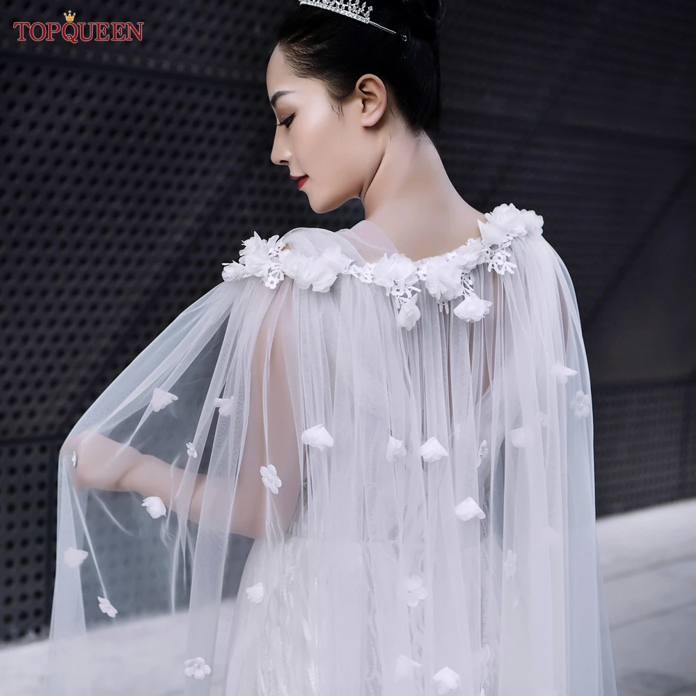 TOPQUEEN G45 Bridal Shawl Plus Size Wedding Cape White Flowers Draped  Newly Designed Cape for Wedding Dress DIY Bolero Women